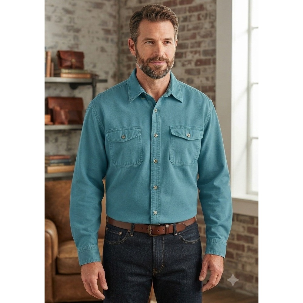 Cabelas Long Sleeve Button Down Utility Shirt Men's XL Teal Cotton Canvas Hiking
